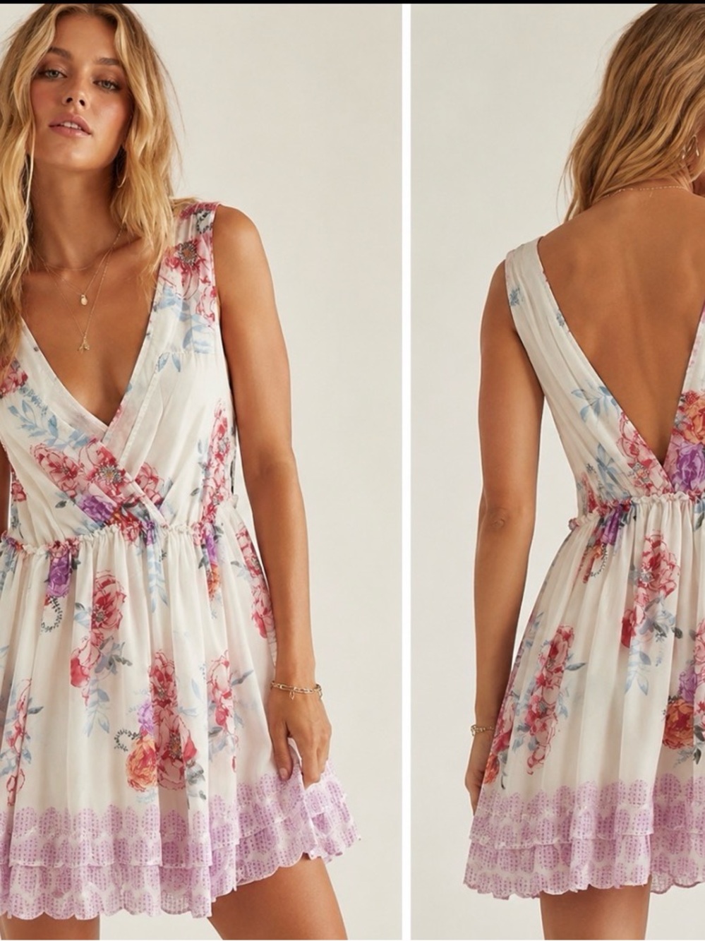 Free People Floral Babydoll Mini Dress Boho Sleeveless Lace Trim Tunic Slip